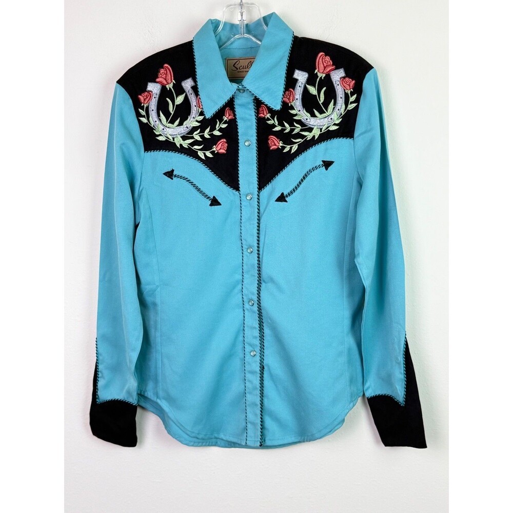 Scully Women's Western Shirt Small Turquoise Embroidered Horseshoe Pearl Snap